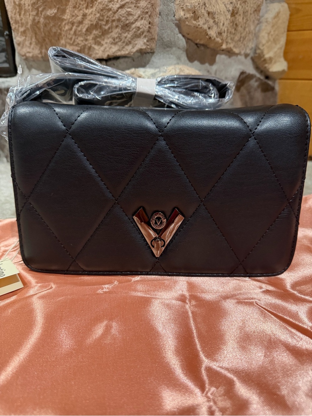 Quilted Black Crossbody Bag with V-Emblem Valentino Orlandi